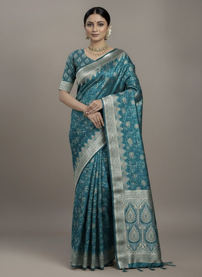VIDRA Printed Banarasi Satin Saree(Blue)