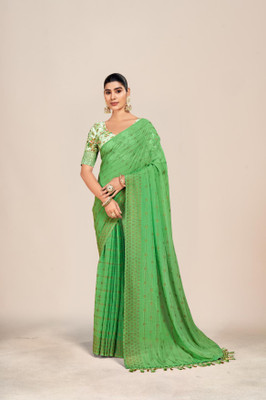 Sanskriti Synthetics Striped Handloom Chiffon Saree(Green)