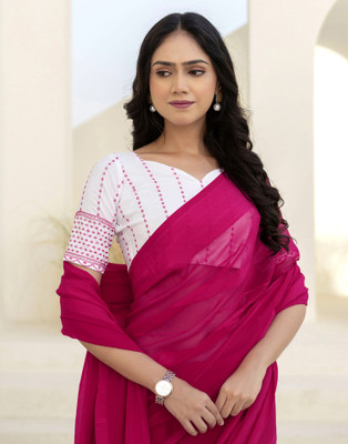 Samah Solid/Plain, Striped Daily Wear Georgette Saree(Pink)