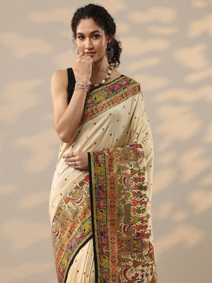LIBAS Printed Daily Wear Silk Blend Saree(Beige)