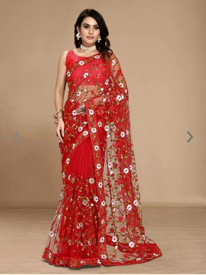 Verviza Embroidered Bollywood Net Saree(Red)