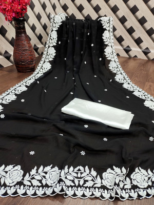 SIZU Embroidered Lucknow Chikankari Georgette Saree(Black)