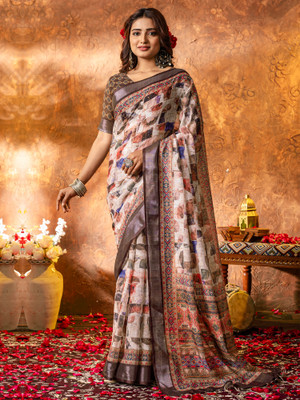 Sareemall Printed Hand Batik Linen Saree(Beige)
