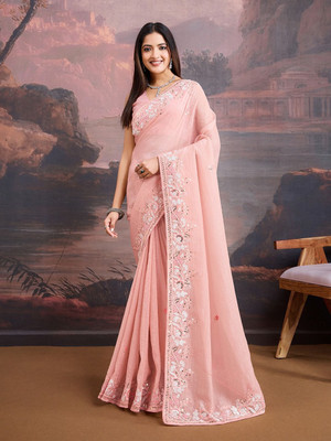 shree maruti fashion Embroidered Bollywood Organza Saree(Pink)