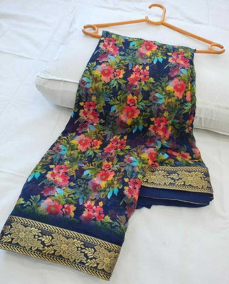 vani's studio Printed Kalamkari Georgette Saree(Blue)