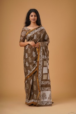 Tropwear Self Design, Printed, Blocked Printed, Digital Print, Hand Painted Ikkat Pure Cotton Saree(Brown)