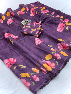 SDGRATITUDE Digital Print, Printed, Floral Print Daily Wear Linen, Cotton Linen Saree(Purple)