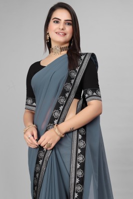 DHRAM CREATION Solid/Plain, Dyed, Floral Print, Self Design Bollywood Georgette Saree(Grey)