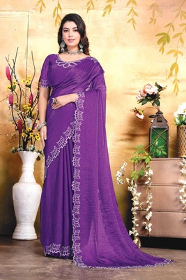 CHANDUTEXTILES Embroidered, Self Design Assam Silk Chiffon Saree(Purple)