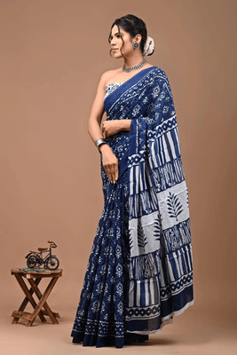 RJ CREATION Printed Daily Wear Pure Cotton Saree(Dark Blue)