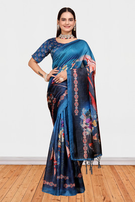 Mugdarra Floral Print Daily Wear Cotton Silk Saree(Blue)