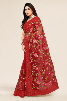 ALAGINI Embroidered Bollywood Net Saree(Red)
