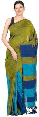 BongAp Striped Handloom Cotton Blend Saree(Green)