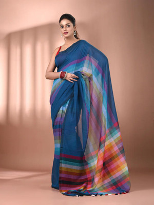 JHILUU Solid/Plain Handloom Cotton Blend Saree(Light Blue, Multicolor)