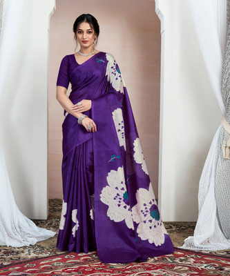 Samah Floral Print, Printed Bhagalpuri Khadi Saree(Purple)