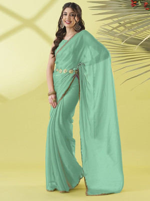 HIYAMI Solid/Plain Bollywood Jimmy choo, Pure Silk Saree(Light Blue)