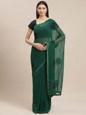 Saanjh Solid/Plain Saree with Attached Blouse Georgette Saree(Green)