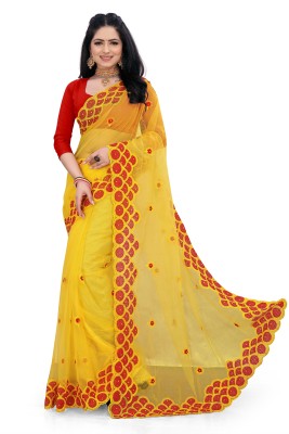 usharvi Self Design, Embroidered Bollywood Net Saree(Yellow)