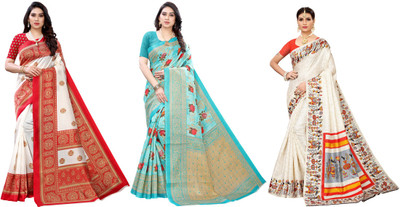 YASHIKA Printed, Woven Kanjivaram Art Silk Saree(Pack of 3, Red, Blue, Cream)