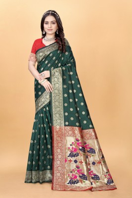 VARNI FABRICS Woven Paithani Silk Blend Saree(Dark Green)