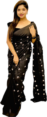MA TARA TEXTILES ROHIT Floral Print Handloom Cotton Blend Saree(Black)