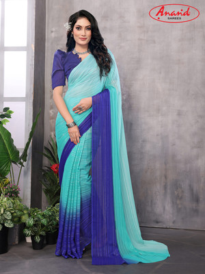 Anand Sarees Ombre, Solid/Plain, Self Design Bollywood Satin Saree(Light Blue, Blue)
