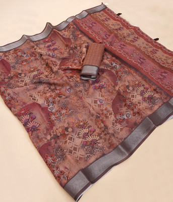 Mugdarra Geometric Print Bollywood Linen Saree(Multicolor)