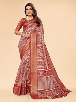 Moda Rapido Printed Bandhani Cotton Blend Saree(Orange)