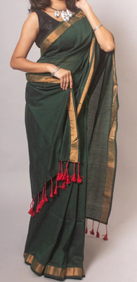 The huts weaver Solid/Plain Handloom Pure Cotton Saree(Dark Green)