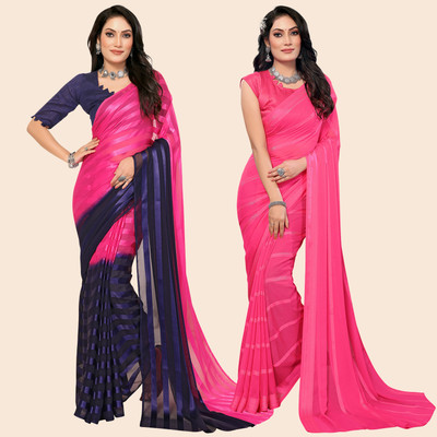 Anand Sarees Striped Bollywood Satin Saree(Pack of 2, Pink, Blue)