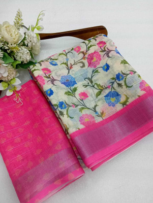 PRTRENDZ Printed Kanjivaram Linen, Cotton Linen Saree(Pink)