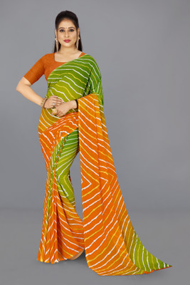 Anand Sarees Printed, Striped Daily Wear Georgette Saree(Green, Orange)