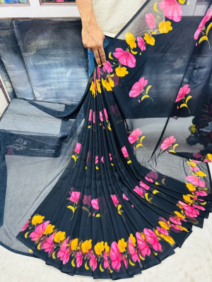 HouseOfCommon Printed Jamdani Cotton Blend Saree(Black)