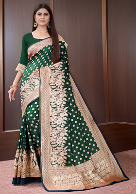 kevamifashion Printed Banarasi Cotton Blend Saree(Dark Green)