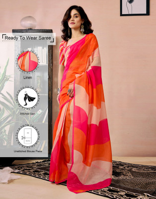 Samah Floral Print, Geometric Print, Printed Daily Wear Linen Saree(Pink, Orange, Beige)