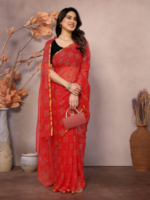 Prutha Fashions Printed Bollywood Chiffon Saree(Red)