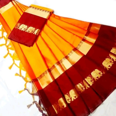 NST5 Woven Maheshwari Cotton Silk Saree(Gold, Brown)
