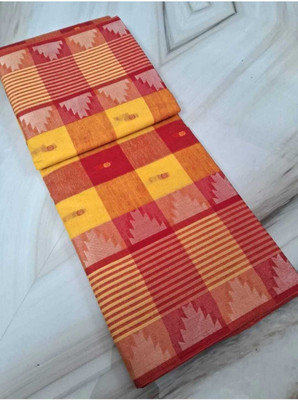 Anita Checkered, Woven Tant Pure Cotton Saree(Yellow)