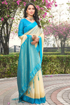 ROOP LAVANYA Woven Kanjivaram Pure Silk Saree(Cream, Blue)