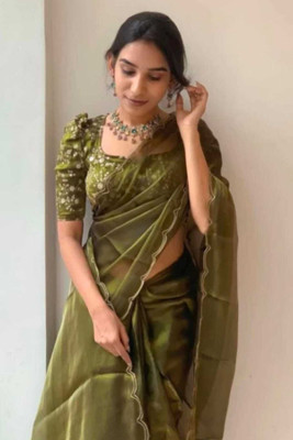 Bollytrend Dyed Bollywood Polyester, Silk Blend Saree(Green)