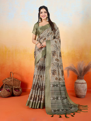 RekhaManiyar Printed Saree with Attached Blouse Silk Blend Saree(Green)
