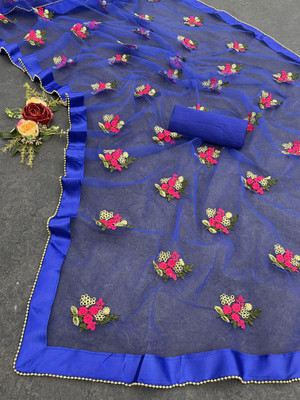 vallavi fashion Embroidered Bollywood Net Saree(Blue)