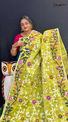 SP Boutique Embroidered Jamdani Cotton Silk Saree(Green)