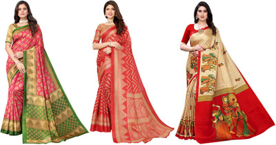 YASHIKA Printed Kasavu Art Silk Saree(Pack of 3, Pink, Red, Beige)