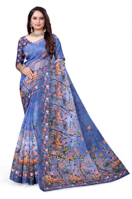 Pemal Designer Digital Print Bollywood Organza Saree(Blue)