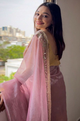 Vinayak Textile Embroidered, Embellished Bollywood Tissue, Net Saree(Pink, Gold)