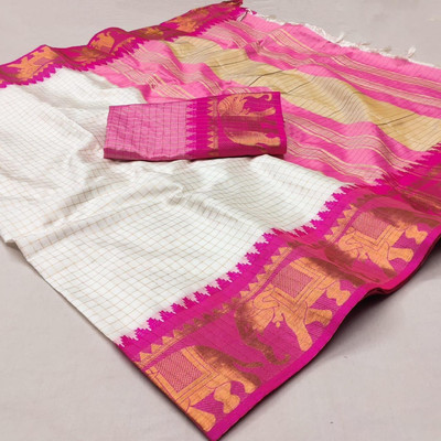 SEASON FAB Self Design, Applique, Blocked Printed, Checkered Banarasi Jacquard, Art Silk Saree(White, Pink)