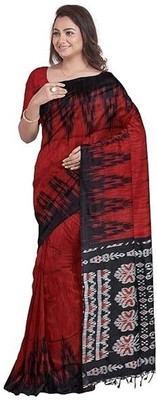 HouseOfCommon Solid/Plain, Printed Sambalpuri Handloom Pure Cotton Saree(Red, Black)
