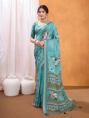 RekhaManiyar Printed Saree with Attached Blouse Crepe Saree(Blue)