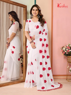 kashvi sarees Embroidered, Self Design Bollywood Chiffon, Georgette Saree(White, Red)